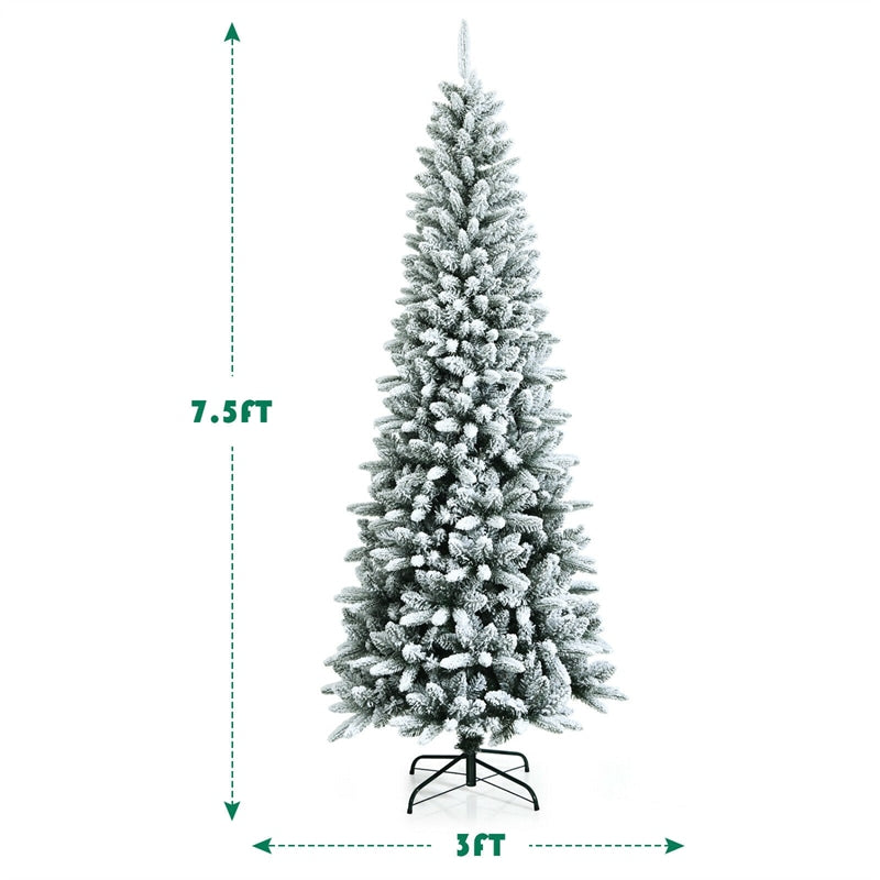 7.5ft Snow Flocked Pencil Christmas Tree Hinged Artificial Slim Xmas Tree with 1189 Branch Tips & Metal Stand