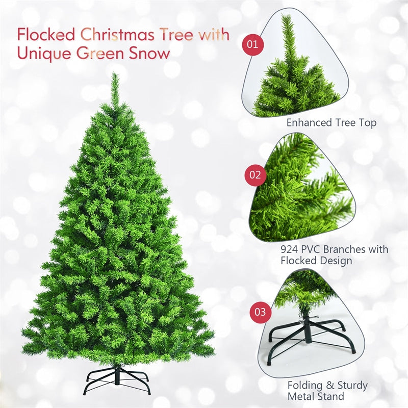 7.5FT Green Flocked Artificial Christmas Tree Unlit Hinged Xmas Tree with Premium 1404 PVC Branch Tips & Metal Stand