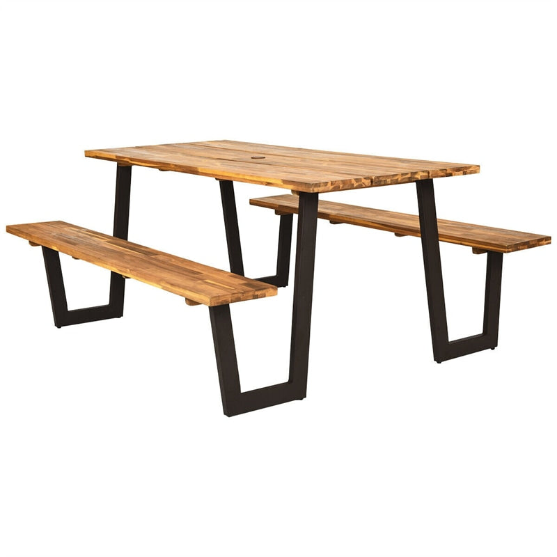 Acacia Wood Picnic Table Bench Set for 6-8, Patented 70” Outdoor Dining Table with Umbrella Hole & 2 Built-in Benches for Garden Backyard