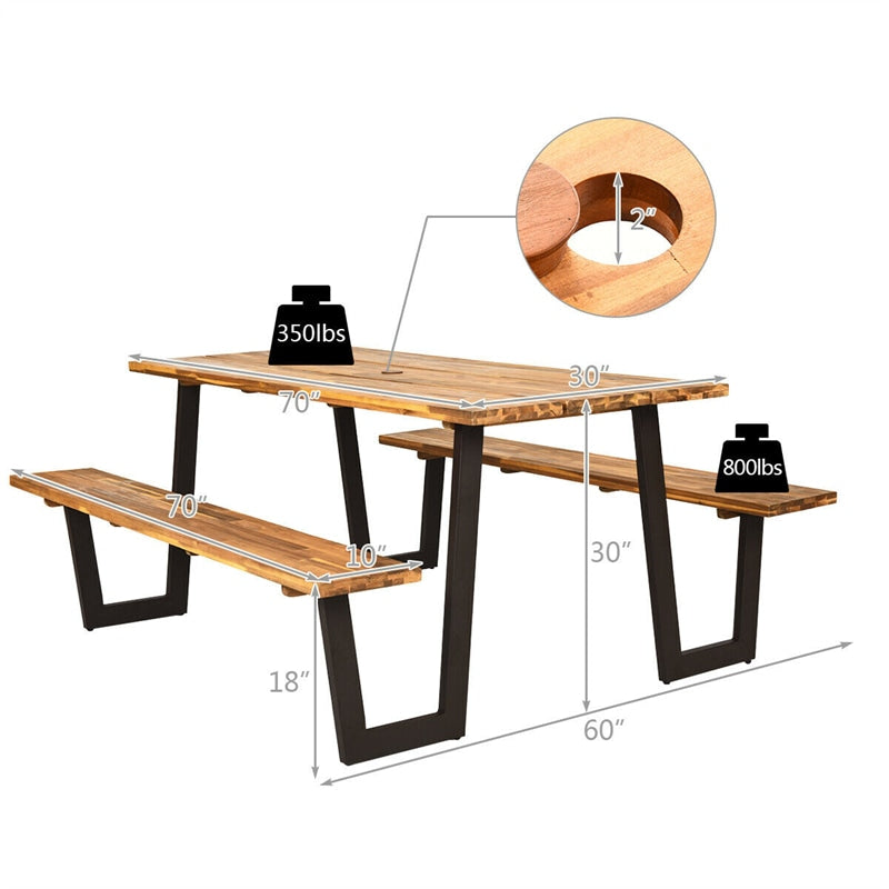 Acacia Wood Picnic Table Bench Set for 6-8, Patented 70” Outdoor Dining Table with Umbrella Hole & 2 Built-in Benches for Garden Backyard