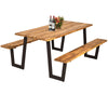 Acacia Wood Picnic Table Bench Set for 6-8, Patented 70” Outdoor Dining Table with Umbrella Hole & 2 Built-in Benches for Garden Backyard