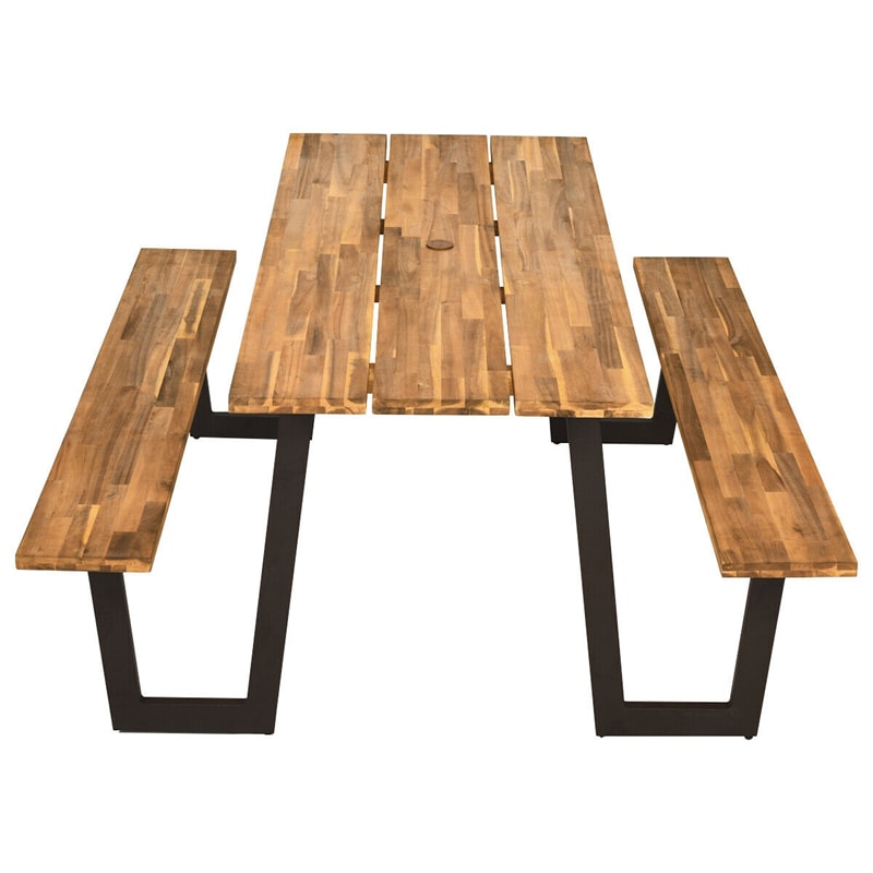 Acacia Wood Picnic Table Bench Set for 6-8, Patented 70” Outdoor Dining Table with Umbrella Hole & 2 Built-in Benches for Garden Backyard