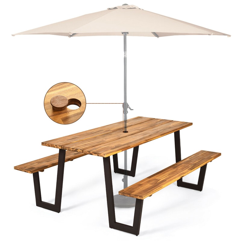 Acacia Wood Picnic Table Bench Set for 6-8, Patented 70” Outdoor Dining Table with Umbrella Hole & 2 Built-in Benches for Garden Backyard