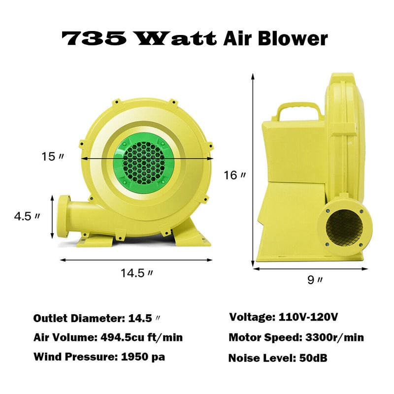 735W 1.0 HP Air Blower Pump Fan for Inflatable Bouncer Water Slide, Commercial Bounce House Blower