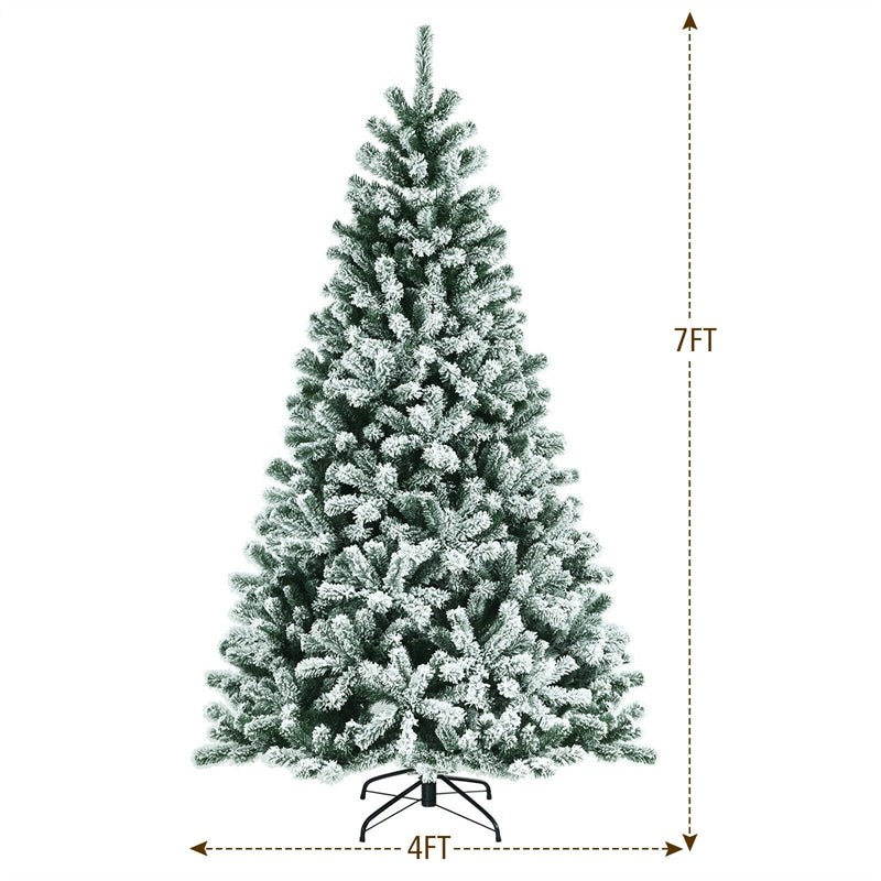 7FT Snow Flocked Christmas Tree Pre-Lit Hinged Artificial Xmas Tree with 450 LED Lights, 1116 Branch Tips & Folding Metal Stand for Home Party Decor