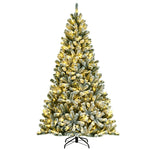 7FT Snow Flocked Christmas Tree Pre-Lit Hinged Artificial Xmas Tree with 450 LED Lights, 1116 Branch Tips & Folding Metal Stand for Home Party Decor