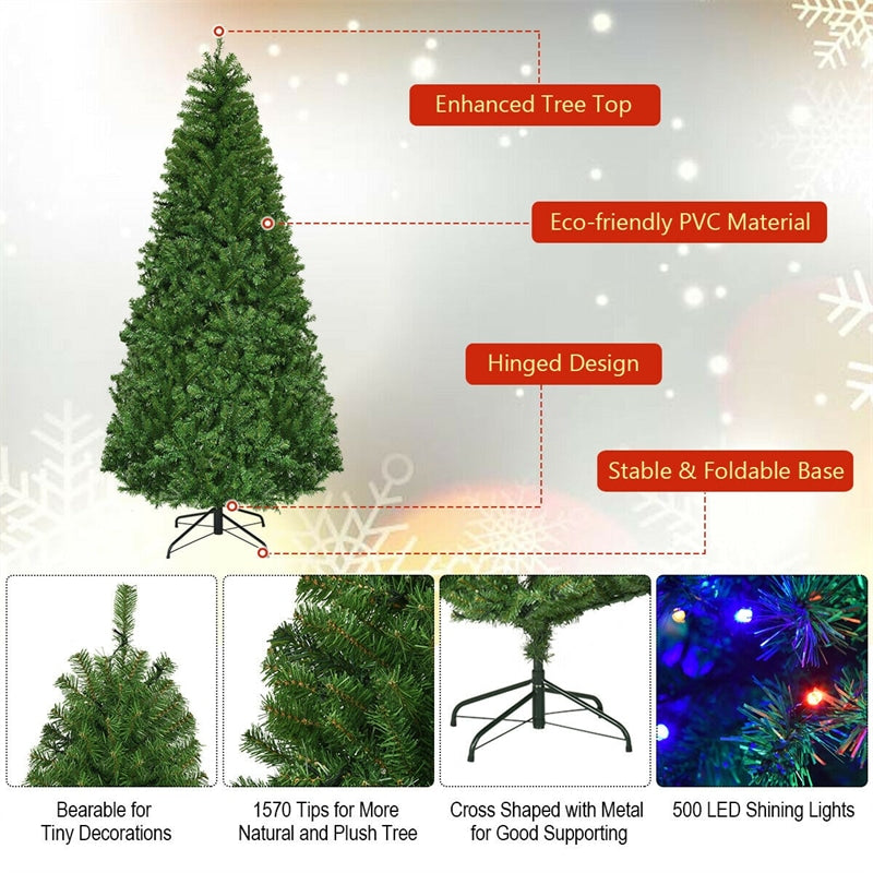 7FT Pre-lit Artificial Christmas Tree Hinged Xmas Tree 1570 PVC Branch 11 Flash Modes with Multicolored 500 LED Lights & Metal Stand