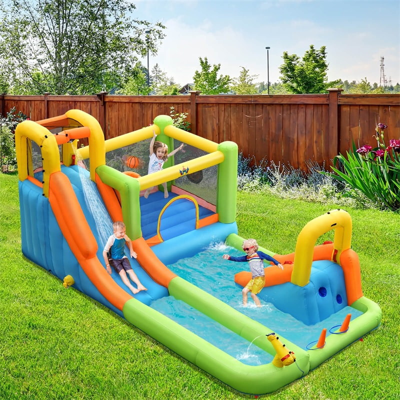 Inflatable Water Slide 8-in-1 Mega Bounce House Water Park with Long Slide, 735W Air Blower, Splash Pool for Kids Backyard Party Fun