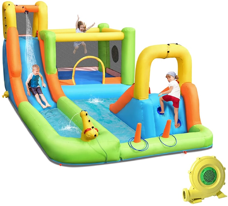 Inflatable Water Slide 8-in-1 Mega Bounce House Water Park with Long Slide, 735W Air Blower, Splash Pool for Kids Backyard Party Fun