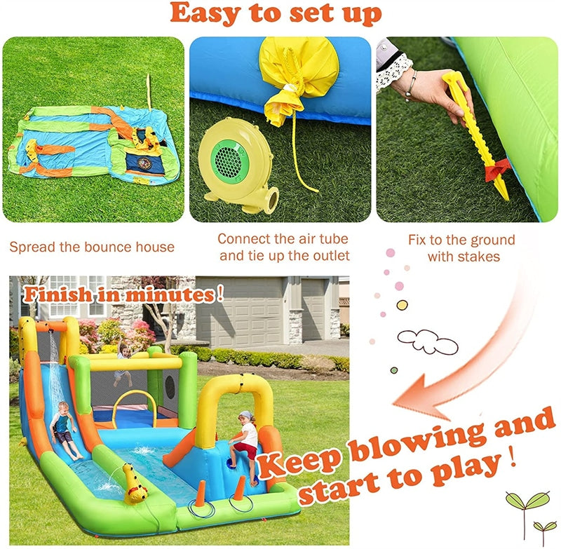 Inflatable Water Slide 8-in-1 Mega Bounce House Water Park with Long Slide, 735W Air Blower, Splash Pool for Kids Backyard Party Fun