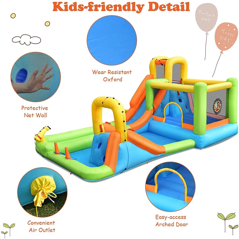 Inflatable Water Slide 8-in-1 Mega Bounce House Water Park with Long Slide, 735W Air Blower, Splash Pool for Kids Backyard Party Fun