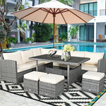 7 PCS Resin Wicker Outdoor Sectional Sofa Set Rattan Patio Seating Group with Dining Table, Ottomans & Cushions