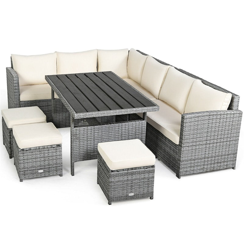 7 PCS Resin Wicker Outdoor Sectional Sofa Set Rattan Patio Seating Group with Dining Table, Ottomans & Cushions