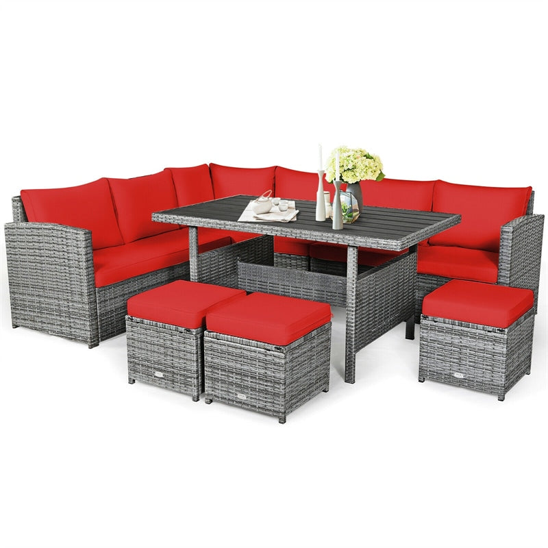 7 PCS Resin Wicker Outdoor Sectional Sofa Set Rattan Patio Seating Group with Dining Table, Ottomans & Cushions