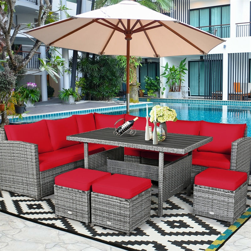 7 PCS Resin Wicker Outdoor Sectional Sofa Set Rattan Patio Seating Group with Dining Table, Ottomans & Cushions