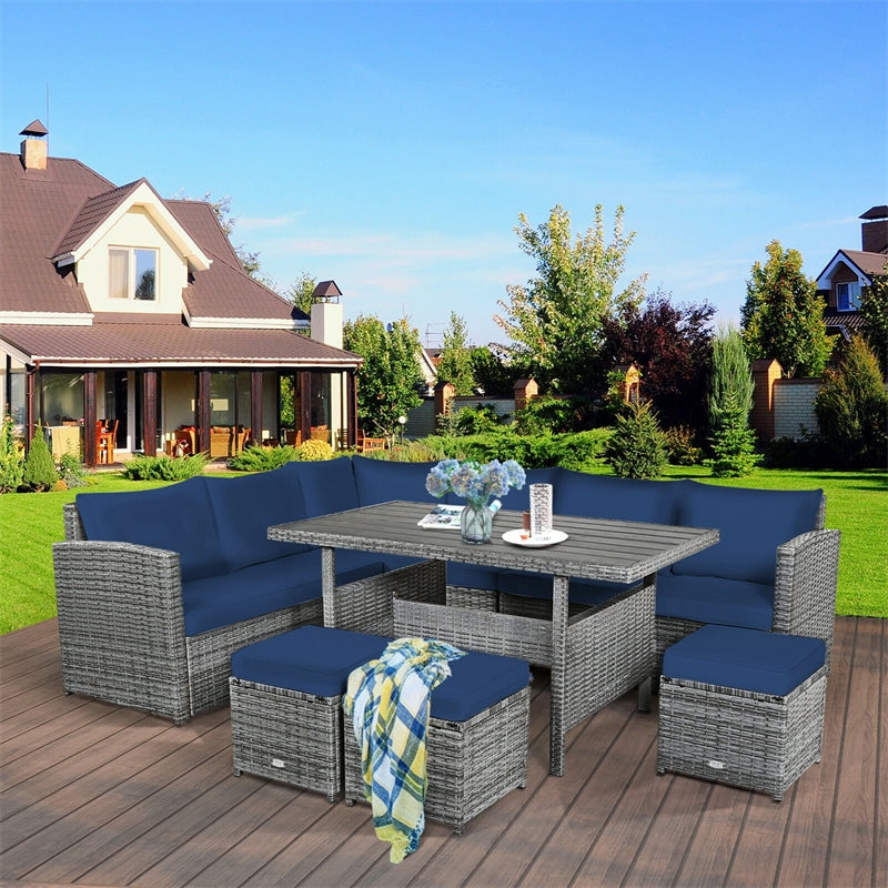 7 PCS Resin Wicker Outdoor Sectional Sofa Set Rattan Patio Seating Group with Dining Table, Ottomans & Cushions