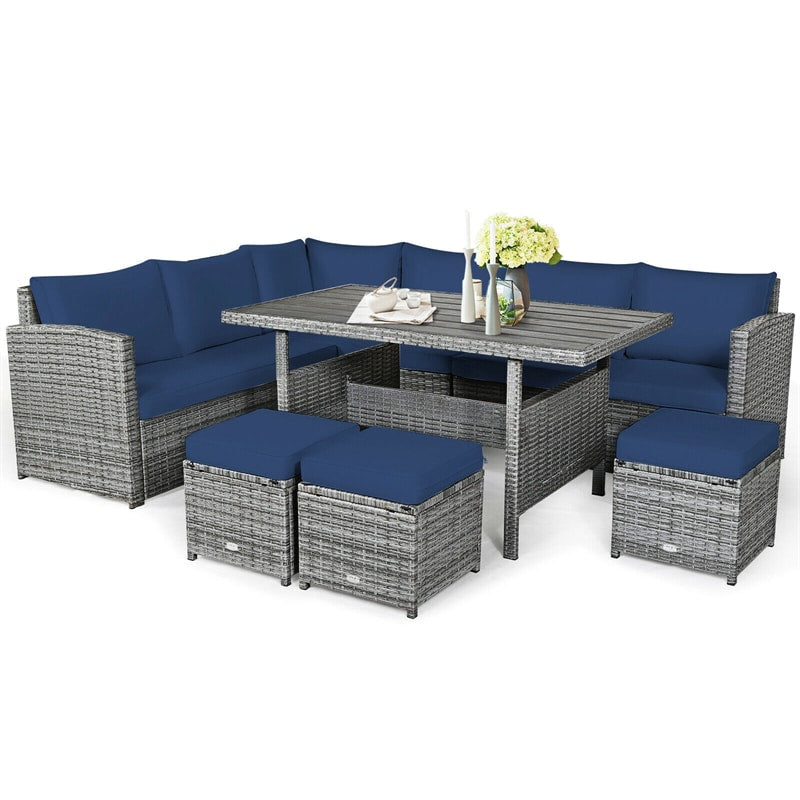 7 PCS Resin Wicker Outdoor Sectional Sofa Set Rattan Patio Seating Group with Dining Table, Ottomans & Cushions