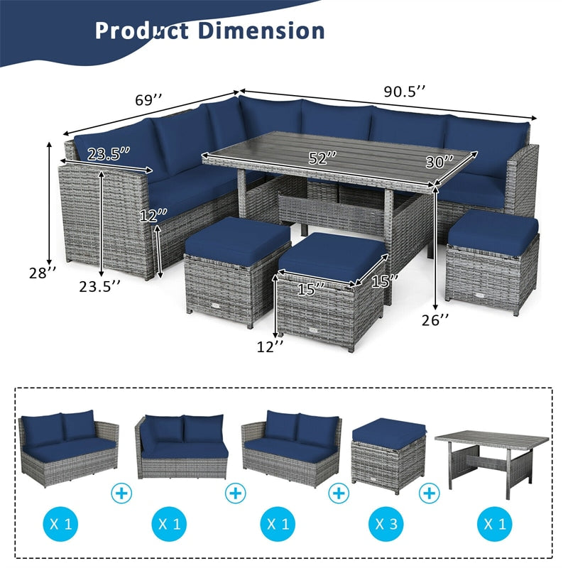 7 PCS Resin Wicker Outdoor Sectional Sofa Set Rattan Patio Seating Group with Dining Table, Ottomans & Cushions