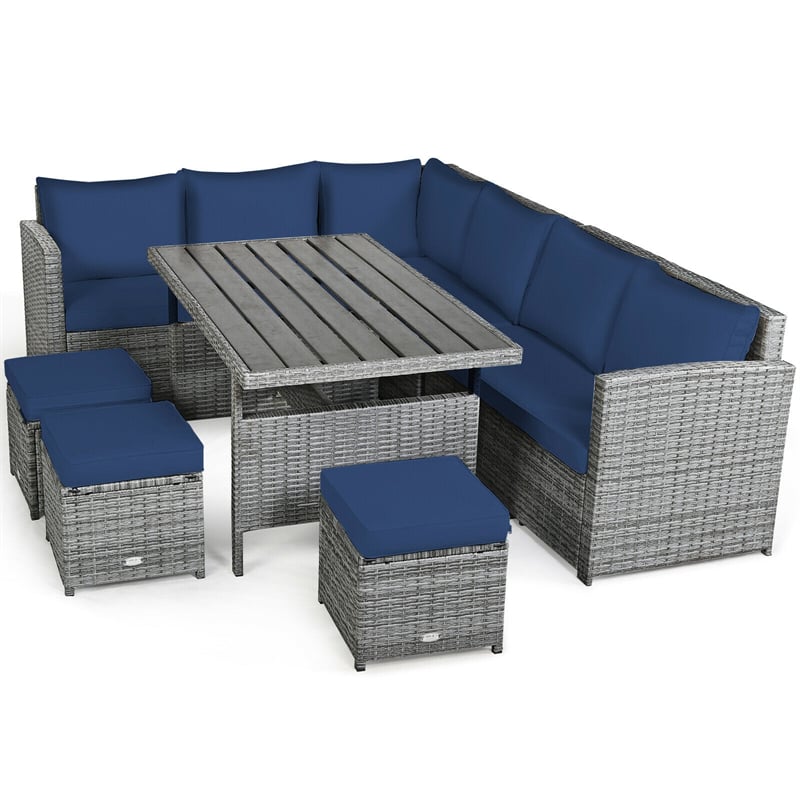 7 PCS Resin Wicker Outdoor Sectional Sofa Set Rattan Patio Seating Group with Dining Table, Ottomans & Cushions