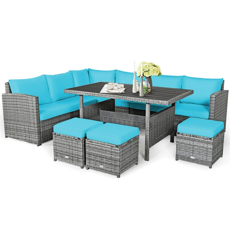 7 PCS Resin Wicker Outdoor Sectional Sofa Set Rattan Patio Seating Group with Dining Table, Ottomans & Cushions