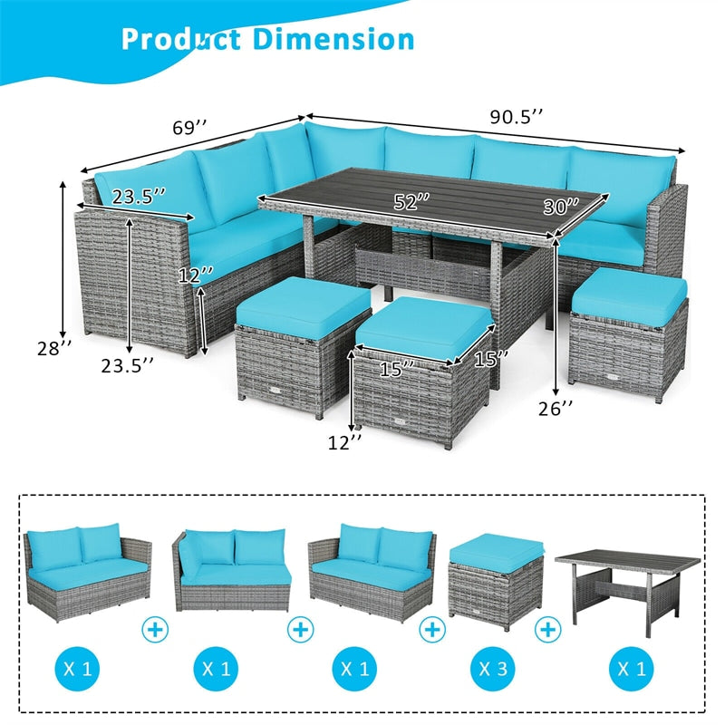 7 PCS Resin Wicker Outdoor Sectional Sofa Set Rattan Patio Seating Group with Dining Table, Ottomans & Cushions