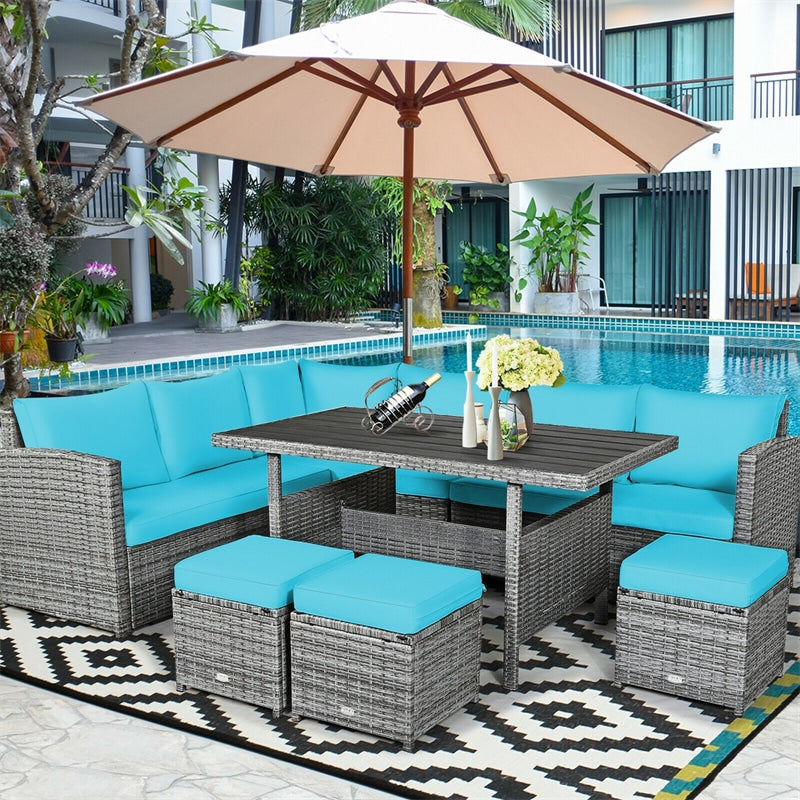 7 PCS Resin Wicker Outdoor Sectional Sofa Set Rattan Patio Seating Group with Dining Table, Ottomans & Cushions