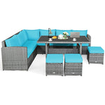 7 PCS Resin Wicker Outdoor Sectional Sofa Set Rattan Patio Seating Group with Dining Table, Ottomans & Cushions