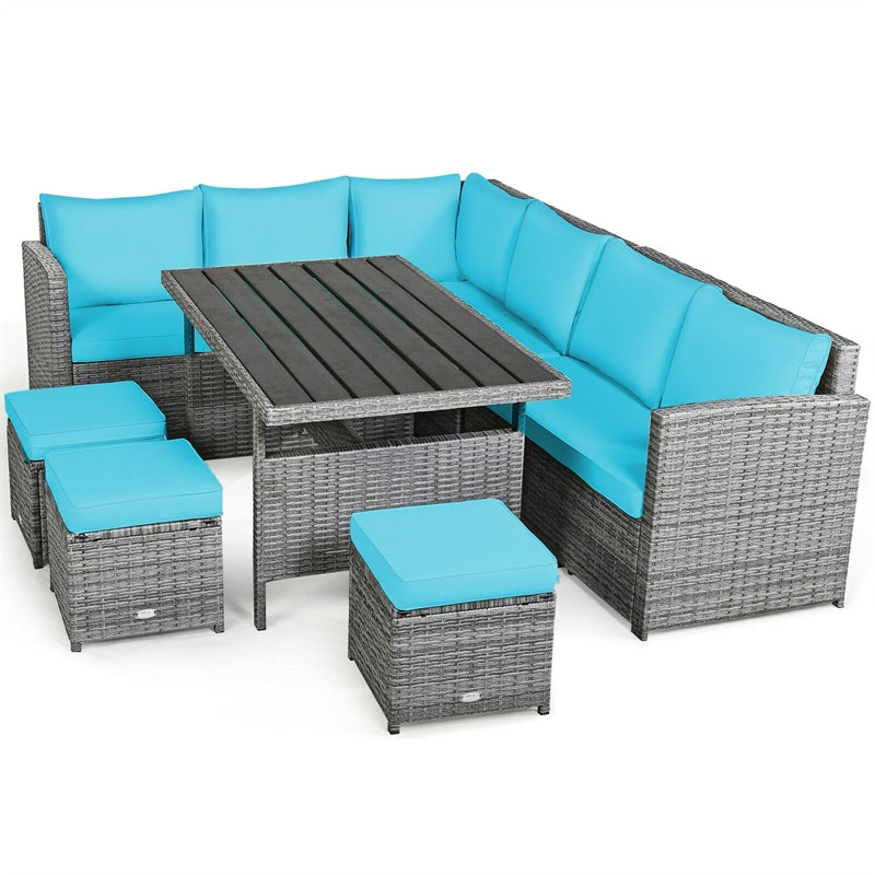 7 PCS Resin Wicker Outdoor Sectional Sofa Set Rattan Patio Seating Group with Dining Table, Ottomans & Cushions