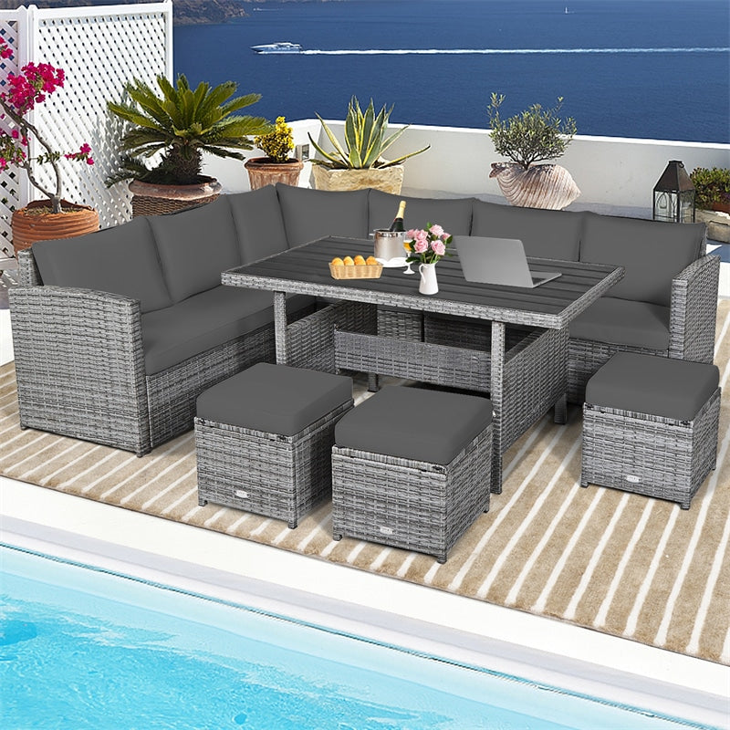 7 PCS Resin Wicker Outdoor Sectional Sofa Set Rattan Patio Seating Group with Dining Table, Ottomans & Cushions