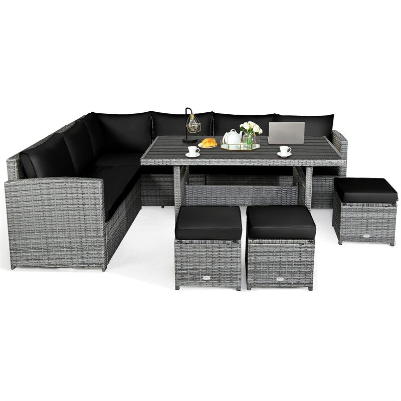 7 PCS Resin Wicker Outdoor Sectional Sofa Set Rattan Patio Seating Group with Dining Table, Ottomans & Cushions