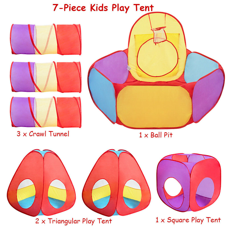 7pcs Kids Pop-up Ball Pit Play Tents & Tunnels Children Playhouse Tent with Basketball Hoop & Travel Storage Bag