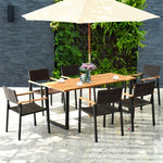 7 Pieces Outdoor Dining Set Patented Patio Rattan Dining Table Chair Set with Large Aciaca Wood Tabletop, Umbrella Hole & Steel Frame