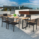 7 Pieces Outdoor Dining Set Patented Patio Rattan Dining Table Chair Set with Large Aciaca Wood Tabletop, Umbrella Hole & Steel Frame