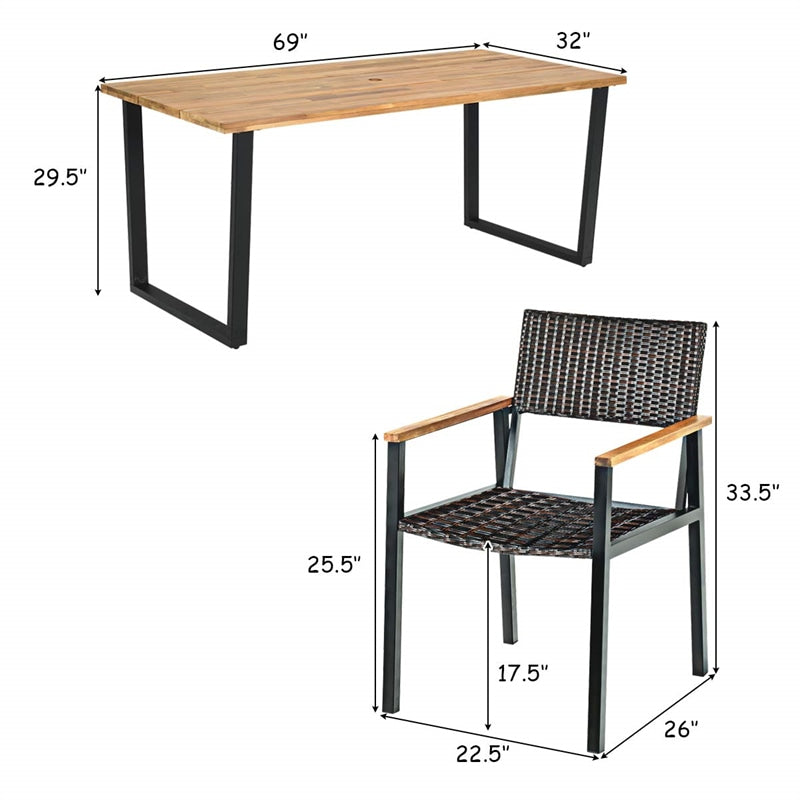 7 Pieces Outdoor Dining Set Patented Patio Rattan Dining Table Chair Set with Large Aciaca Wood Tabletop, Umbrella Hole & Steel Frame