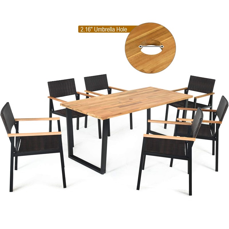 7 Pieces Outdoor Dining Set Patented Patio Rattan Dining Table Chair Set with Large Aciaca Wood Tabletop, Umbrella Hole & Steel Frame