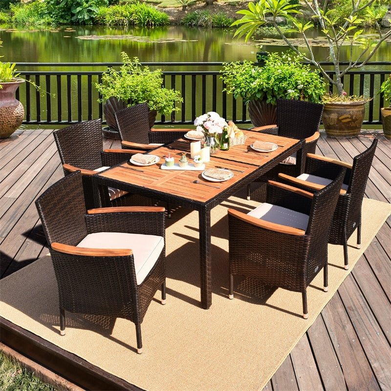 7 Piece Outdoor Wicker Dining Set Patio Rattan Dining Furniture Set with Acacia Wood Table, Umbrella Hole, 6 Stackable Chairs, Cushions