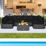 7 Piece Outdoor PE Rattan Sectional Sofa Set Modular Patio Furniture Set with Seat & Back Cushions, 2 Throw Pillows, Coffee Table