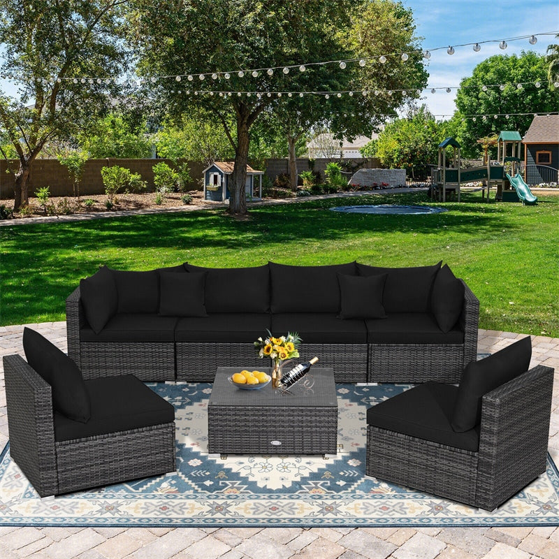 7 Piece Outdoor PE Rattan Sectional Sofa Set Modular Patio Furniture Set with Seat & Back Cushions, 2 Throw Pillows, Coffee Table