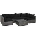 7 Piece Outdoor PE Rattan Sectional Sofa Set Modular Patio Furniture Set with Seat & Back Cushions, 2 Throw Pillows, Coffee Table