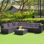 7 Piece Outdoor PE Rattan Sectional Sofa Set Modular Patio Furniture Set with Seat & Back Cushions, 2 Throw Pillows, Coffee Table