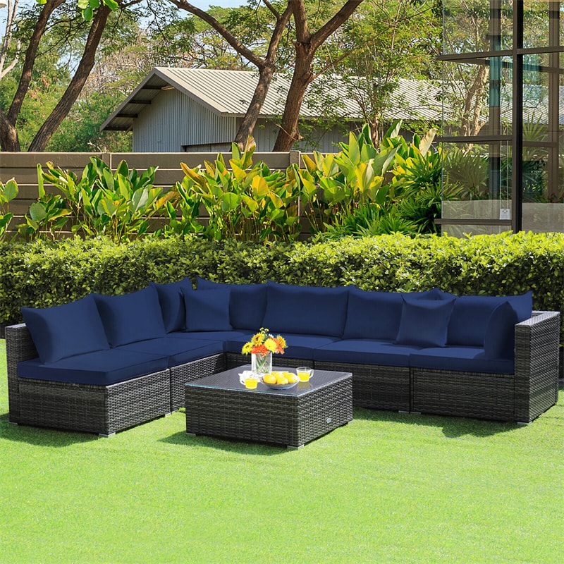 7 Piece Outdoor PE Rattan Sectional Sofa Set Modular Patio Furniture Set with Seat & Back Cushions, 2 Throw Pillows, Coffee Table