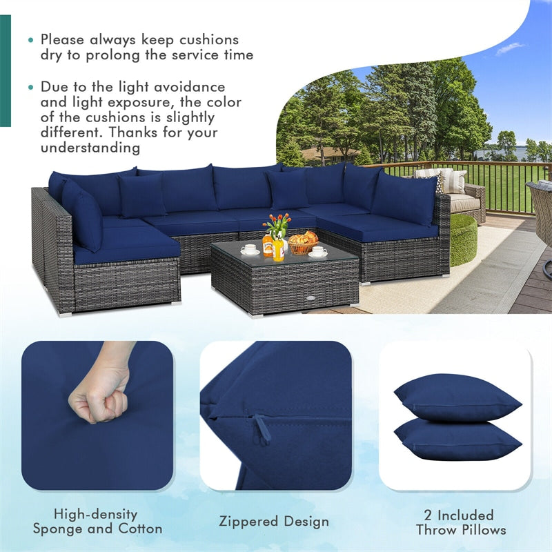 7 Piece Outdoor PE Rattan Sectional Sofa Set Modular Patio Furniture Set with Seat & Back Cushions, 2 Throw Pillows, Coffee Table