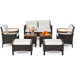 7 Piece Rattan Patio Sofa Set Wicker Furniture Set with 2 Coffee Tables, 2 Ottomans, Seat & Back Cushions, Outdoor Conversation Set for Garden Yard