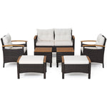 7 Piece Rattan Patio Sofa Set Wicker Furniture Set with 2 Coffee Tables, 2 Ottomans, Seat & Back Cushions, Outdoor Conversation Set for Garden Yard