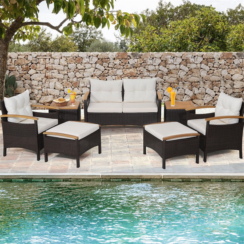 7 Piece Rattan Patio Sofa Set Wicker Furniture Set with 2 Coffee Tables, 2 Ottomans, Seat & Back Cushions, Outdoor Conversation Set for Garden Yard