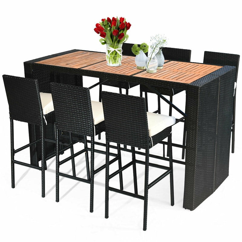 7 Piece Patio Rattan Bar Dining Furniture Set Wicker Outdoor Bar Height Table Set with Acacia Wood Table Top & 6 Cushioned Bar Stools