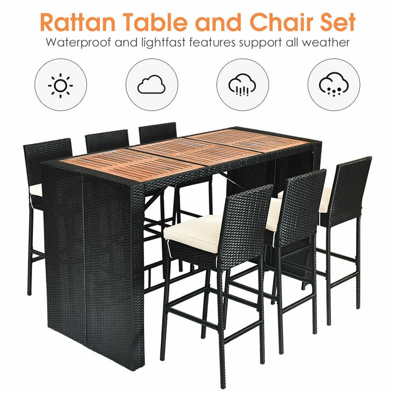 7 Piece Patio Rattan Bar Dining Furniture Set Wicker Outdoor Bar Height Table Set with Acacia Wood Table Top & 6 Cushioned Bar Stools