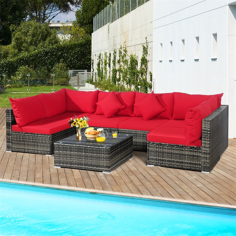 7 Piece Outdoor PE Rattan Sectional Sofa Set Modular Patio Furniture Set with Seat & Back Cushions, 2 Throw Pillows, Coffee Table