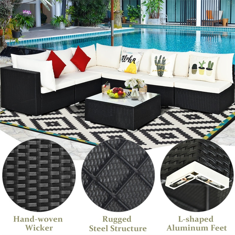 7 Piece Wicker Outdoor Sectional Sofa Rattan Patio Conversation Set Garden Lawn Furniture Set with Glass Coffee Table, Pillows & Cushions