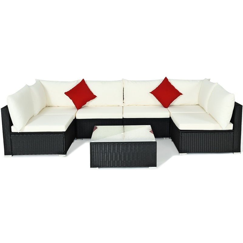 7 Piece Wicker Outdoor Sectional Sofa Rattan Patio Conversation Set Garden Lawn Furniture Set with Glass Coffee Table, Pillows & Cushions